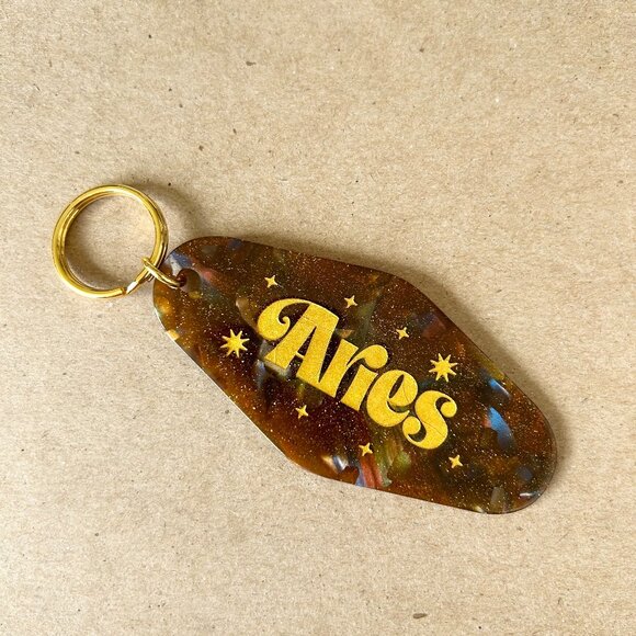 Accessories - Aries Zodiac Astrology Resin Key Tag Keychain Gold Plated Brand New